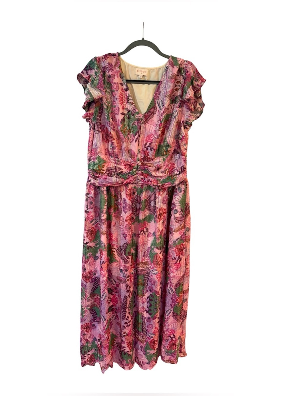 Ciebon Pink Tropical Print Metallic Flutter Cap Sleeve Maxi Dress 1X - Picture 4 of 11